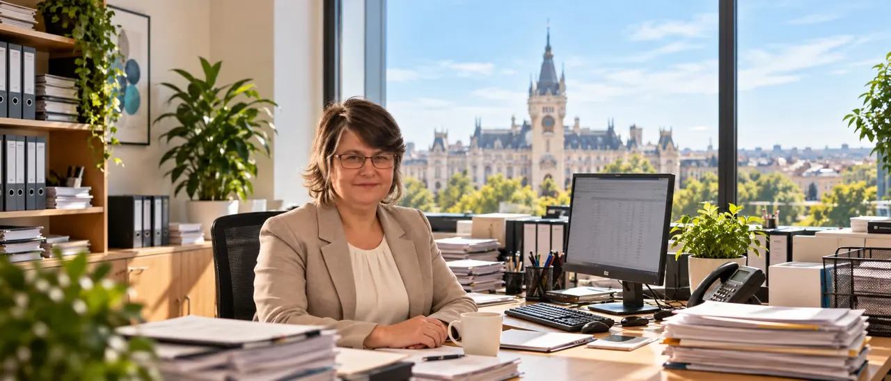 Mihaela Neacșu, expert contabil, la biroul Lexco Expert din Iași, cu Palatul Culturii pe fereastră
