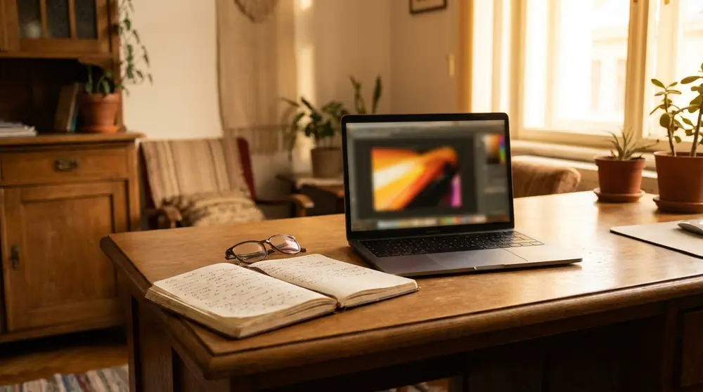 Laptop cu un grafic financiar și un caiet cu notițe pe birou