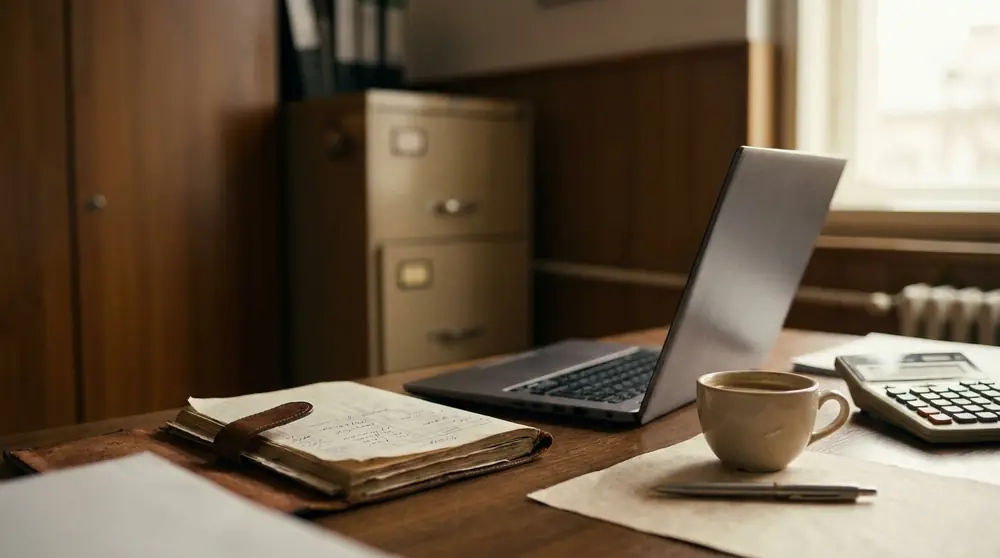 Birou cu registru contabil, laptop, calculator de birou și o cafea